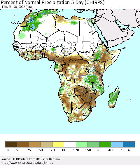 Africa Percent of Normal Precipitation 5-Day (CHIRPS) Thematic Map For 2/26/2022 - 2/28/2022