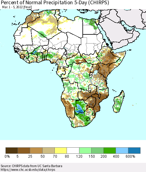 Africa Percent of Normal Precipitation 5-Day (CHIRPS) Thematic Map For 3/1/2022 - 3/5/2022