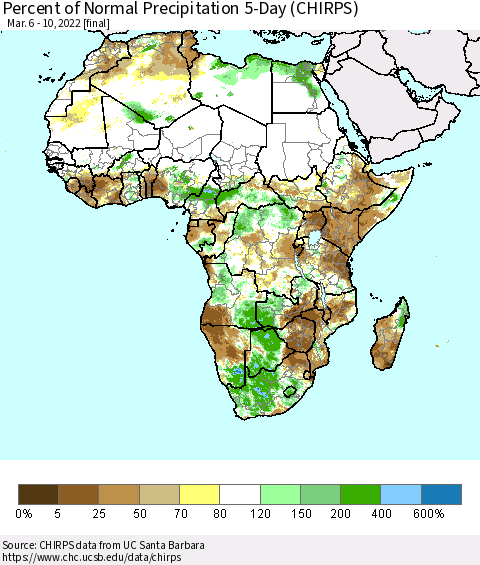 Africa Percent of Normal Precipitation 5-Day (CHIRPS) Thematic Map For 3/6/2022 - 3/10/2022
