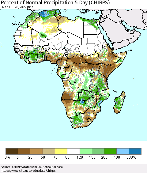 Africa Percent of Normal Precipitation 5-Day (CHIRPS) Thematic Map For 3/16/2022 - 3/20/2022