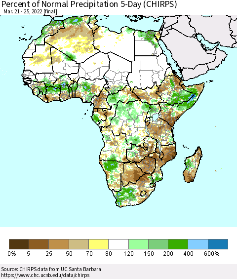 Africa Percent of Normal Precipitation 5-Day (CHIRPS) Thematic Map For 3/21/2022 - 3/25/2022