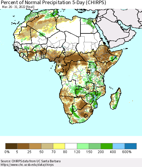 Africa Percent of Normal Precipitation 5-Day (CHIRPS) Thematic Map For 3/26/2022 - 3/31/2022
