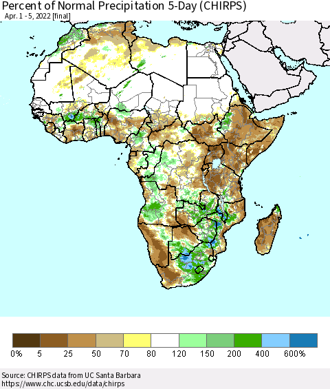 Africa Percent of Normal Precipitation 5-Day (CHIRPS) Thematic Map For 4/1/2022 - 4/5/2022