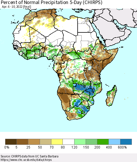 Africa Percent of Normal Precipitation 5-Day (CHIRPS) Thematic Map For 4/6/2022 - 4/10/2022