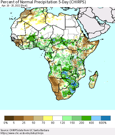 Africa Percent of Normal Precipitation 5-Day (CHIRPS) Thematic Map For 4/16/2022 - 4/20/2022