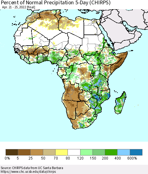 Africa Percent of Normal Precipitation 5-Day (CHIRPS) Thematic Map For 4/21/2022 - 4/25/2022