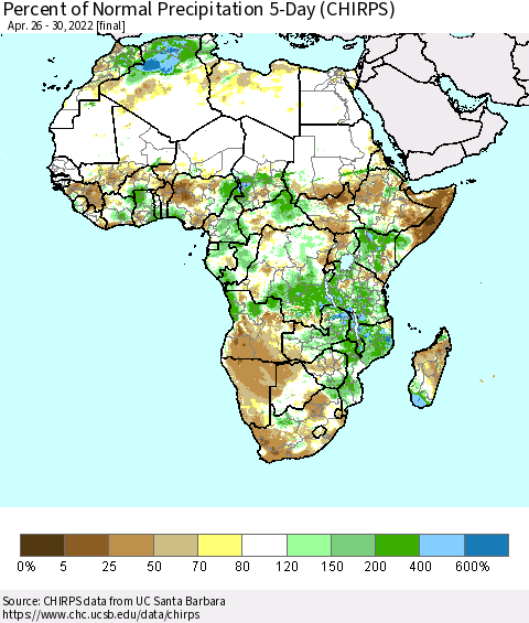 Africa Percent of Normal Precipitation 5-Day (CHIRPS) Thematic Map For 4/26/2022 - 4/30/2022