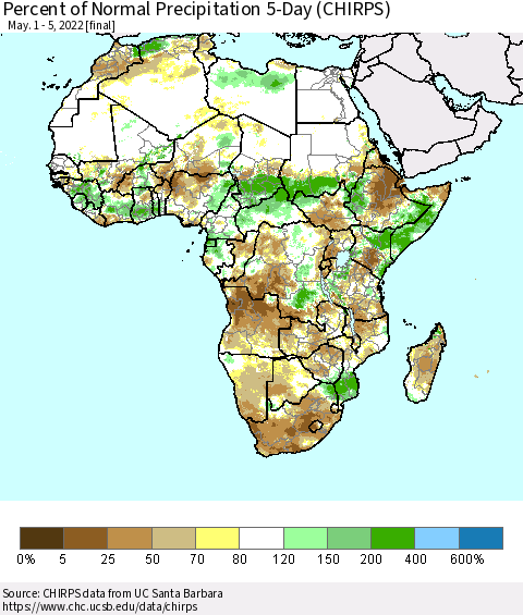 Africa Percent of Normal Precipitation 5-Day (CHIRPS) Thematic Map For 5/1/2022 - 5/5/2022