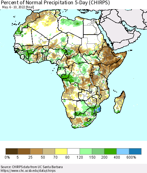 Africa Percent of Normal Precipitation 5-Day (CHIRPS) Thematic Map For 5/6/2022 - 5/10/2022