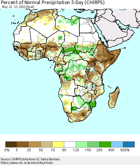 Africa Percent of Normal Precipitation 5-Day (CHIRPS) Thematic Map For 5/11/2022 - 5/15/2022