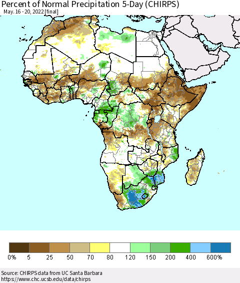 Africa Percent of Normal Precipitation 5-Day (CHIRPS) Thematic Map For 5/16/2022 - 5/20/2022