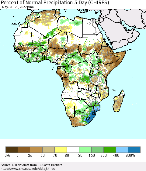 Africa Percent of Normal Precipitation 5-Day (CHIRPS) Thematic Map For 5/21/2022 - 5/25/2022
