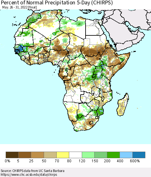 Africa Percent of Normal Precipitation 5-Day (CHIRPS) Thematic Map For 5/26/2022 - 5/31/2022