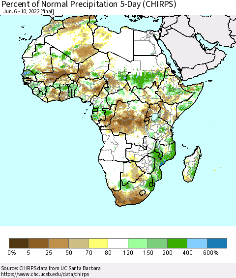 Africa Percent of Normal Precipitation 5-Day (CHIRPS) Thematic Map For 6/6/2022 - 6/10/2022