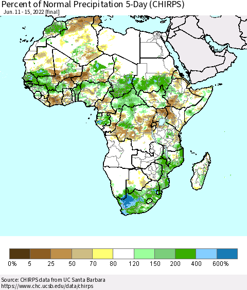 Africa Percent of Normal Precipitation 5-Day (CHIRPS) Thematic Map For 6/11/2022 - 6/15/2022