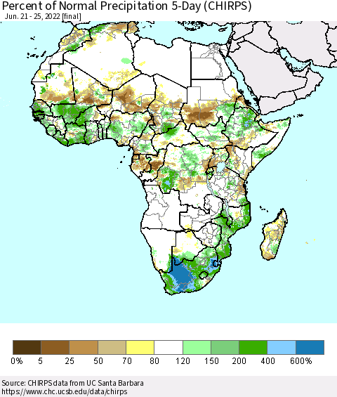 Africa Percent of Normal Precipitation 5-Day (CHIRPS) Thematic Map For 6/21/2022 - 6/25/2022