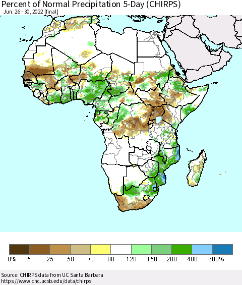 Africa Percent of Normal Precipitation 5-Day (CHIRPS) Thematic Map For 6/26/2022 - 6/30/2022
