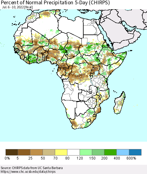 Africa Percent of Normal Precipitation 5-Day (CHIRPS) Thematic Map For 7/6/2022 - 7/10/2022