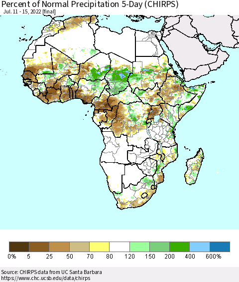 Africa Percent of Normal Precipitation 5-Day (CHIRPS) Thematic Map For 7/11/2022 - 7/15/2022