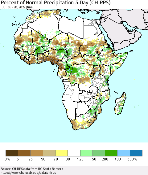 Africa Percent of Normal Precipitation 5-Day (CHIRPS) Thematic Map For 7/16/2022 - 7/20/2022