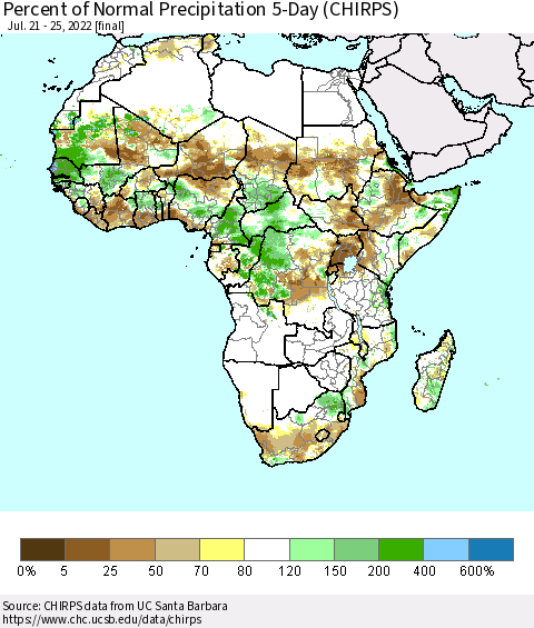 Africa Percent of Normal Precipitation 5-Day (CHIRPS) Thematic Map For 7/21/2022 - 7/25/2022