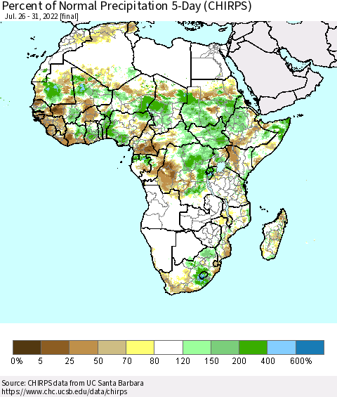 Africa Percent of Normal Precipitation 5-Day (CHIRPS) Thematic Map For 7/26/2022 - 7/31/2022