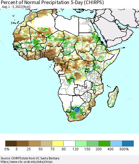 Africa Percent of Normal Precipitation 5-Day (CHIRPS) Thematic Map For 8/1/2022 - 8/5/2022