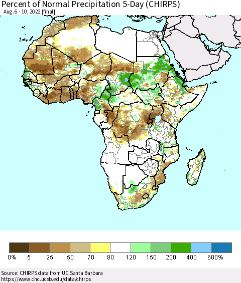 Africa Percent of Normal Precipitation 5-Day (CHIRPS) Thematic Map For 8/6/2022 - 8/10/2022
