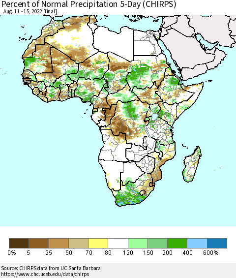 Africa Percent of Normal Precipitation 5-Day (CHIRPS) Thematic Map For 8/11/2022 - 8/15/2022