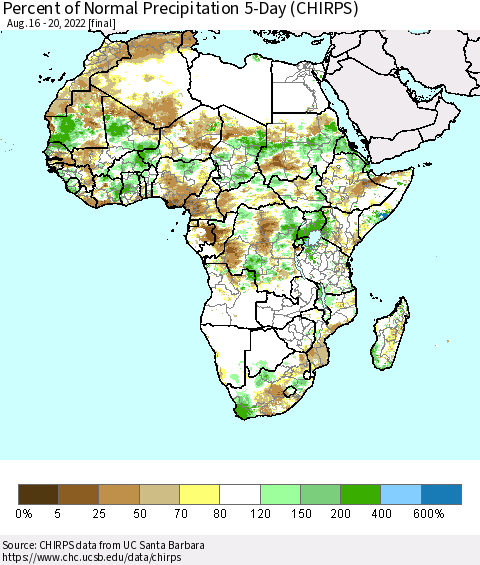 Africa Percent of Normal Precipitation 5-Day (CHIRPS) Thematic Map For 8/16/2022 - 8/20/2022