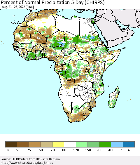 Africa Percent of Normal Precipitation 5-Day (CHIRPS) Thematic Map For 8/21/2022 - 8/25/2022