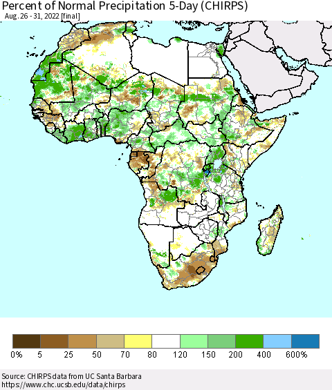 Africa Percent of Normal Precipitation 5-Day (CHIRPS) Thematic Map For 8/26/2022 - 8/31/2022