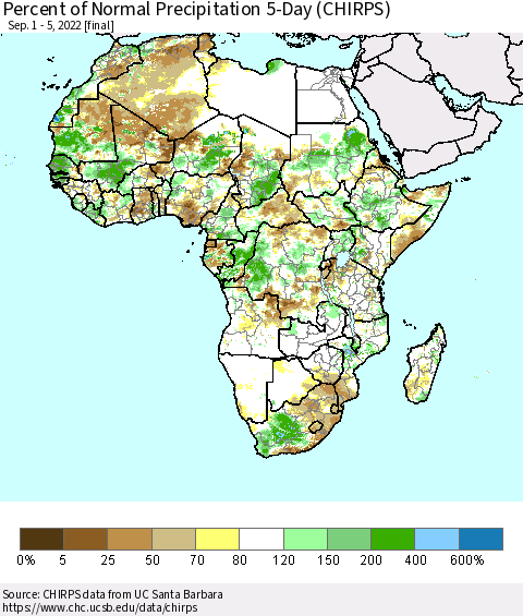 Africa Percent of Normal Precipitation 5-Day (CHIRPS) Thematic Map For 9/1/2022 - 9/5/2022