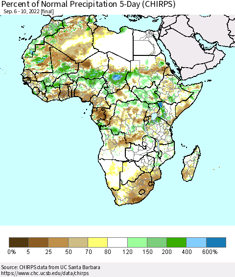 Africa Percent of Normal Precipitation 5-Day (CHIRPS) Thematic Map For 9/6/2022 - 9/10/2022