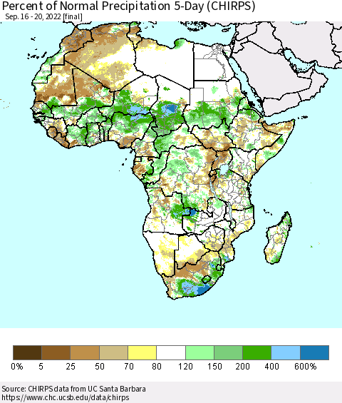Africa Percent of Normal Precipitation 5-Day (CHIRPS) Thematic Map For 9/16/2022 - 9/20/2022