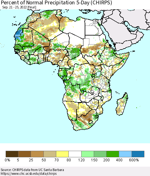 Africa Percent of Normal Precipitation 5-Day (CHIRPS) Thematic Map For 9/21/2022 - 9/25/2022