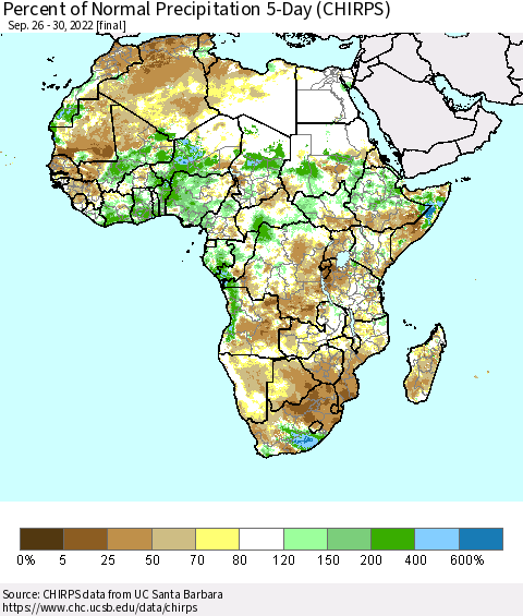 Africa Percent of Normal Precipitation 5-Day (CHIRPS) Thematic Map For 9/26/2022 - 9/30/2022