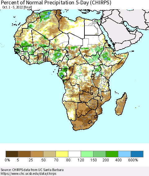 Africa Percent of Normal Precipitation 5-Day (CHIRPS) Thematic Map For 10/1/2022 - 10/5/2022