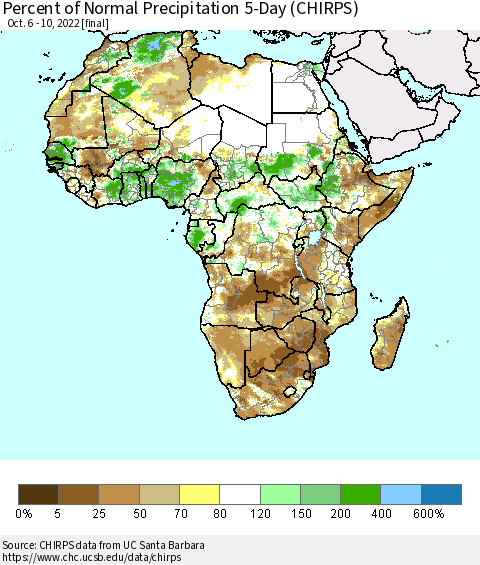 Africa Percent of Normal Precipitation 5-Day (CHIRPS) Thematic Map For 10/6/2022 - 10/10/2022