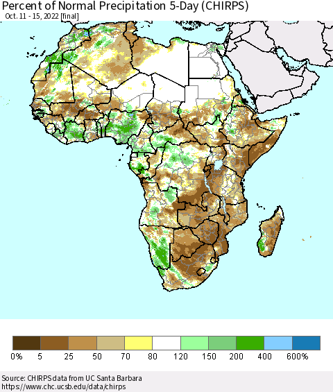 Africa Percent of Normal Precipitation 5-Day (CHIRPS) Thematic Map For 10/11/2022 - 10/15/2022