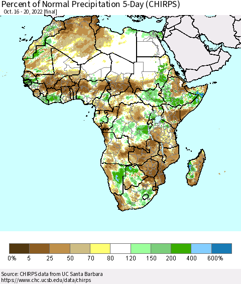 Africa Percent of Normal Precipitation 5-Day (CHIRPS) Thematic Map For 10/16/2022 - 10/20/2022