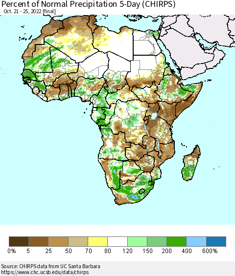 Africa Percent of Normal Precipitation 5-Day (CHIRPS) Thematic Map For 10/21/2022 - 10/25/2022
