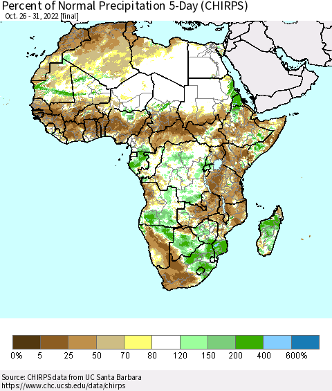 Africa Percent of Normal Precipitation 5-Day (CHIRPS) Thematic Map For 10/26/2022 - 10/31/2022