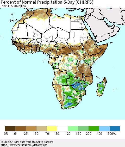 Africa Percent of Normal Precipitation 5-Day (CHIRPS) Thematic Map For 11/1/2022 - 11/5/2022