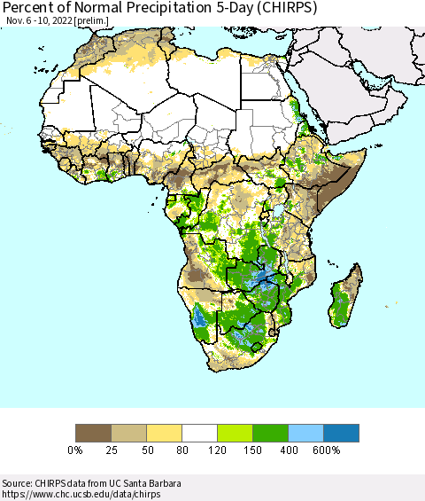 Africa Percent of Normal Precipitation 5-Day (CHIRPS) Thematic Map For 11/6/2022 - 11/10/2022