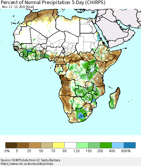 Africa Percent of Normal Precipitation 5-Day (CHIRPS) Thematic Map For 11/11/2022 - 11/15/2022