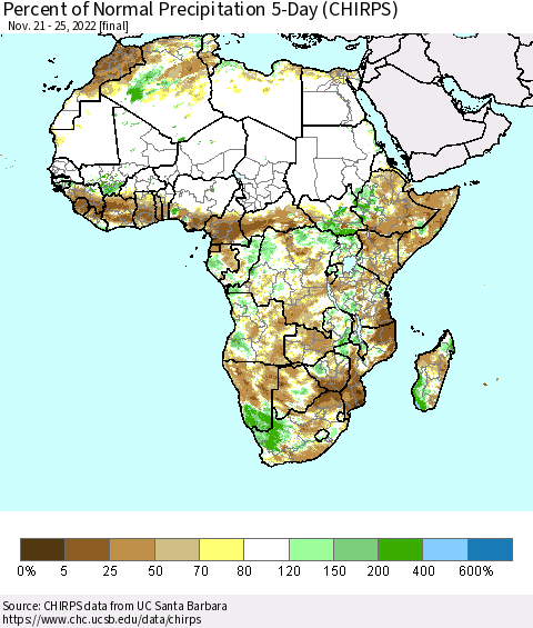 Africa Percent of Normal Precipitation 5-Day (CHIRPS) Thematic Map For 11/21/2022 - 11/25/2022