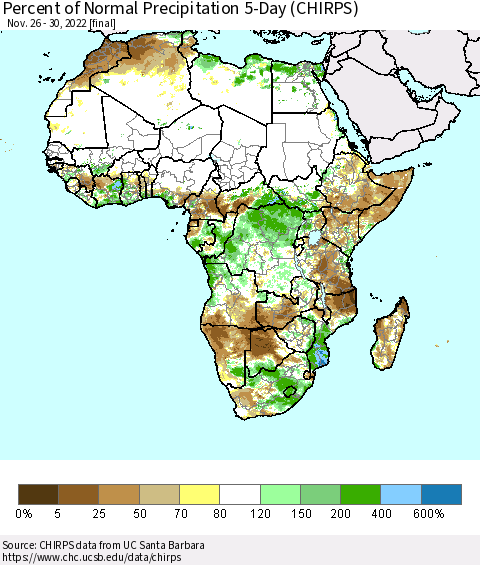 Africa Percent of Normal Precipitation 5-Day (CHIRPS) Thematic Map For 11/26/2022 - 11/30/2022