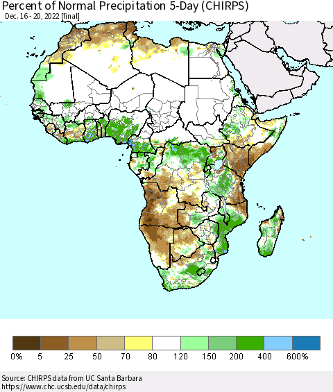 Africa Percent of Normal Precipitation 5-Day (CHIRPS) Thematic Map For 12/16/2022 - 12/20/2022