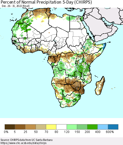 Africa Percent of Normal Precipitation 5-Day (CHIRPS) Thematic Map For 12/26/2022 - 12/31/2022